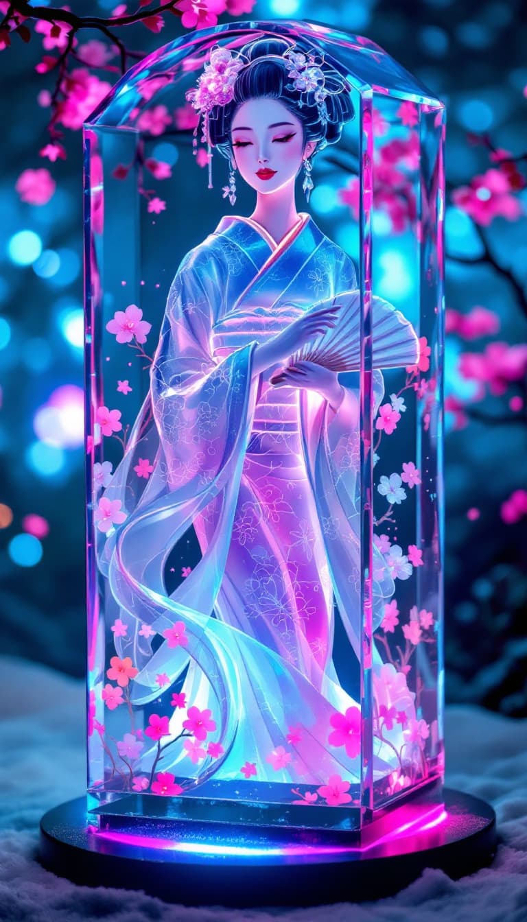 AI generated: Design a card featuring an ice sculpture of a Geisha, her transparent figure radiating elegance unde...