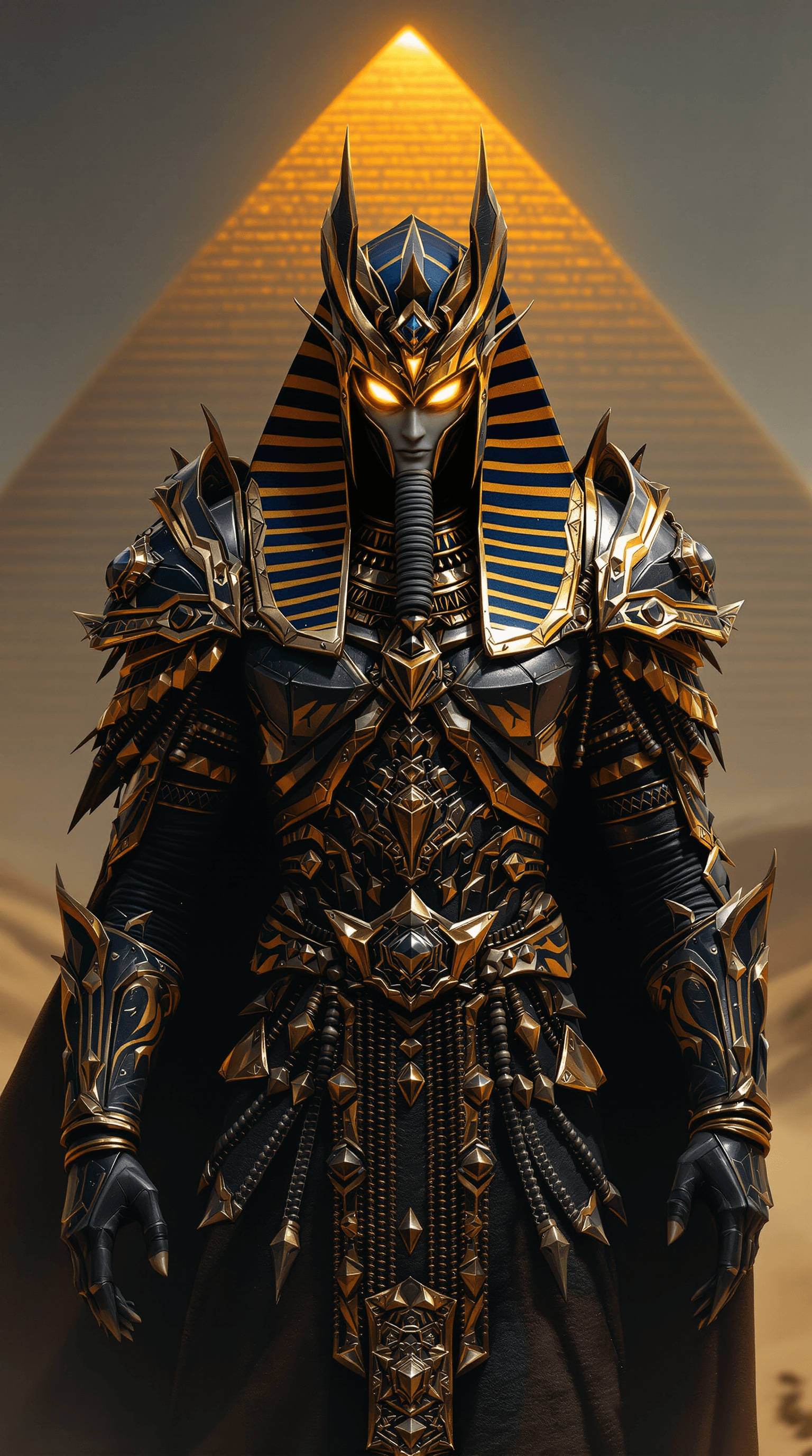 AI generated: god egypt, background pyramid, glowing eyes, god, egypt, sand, heavy fantasy armor withe many acceso...