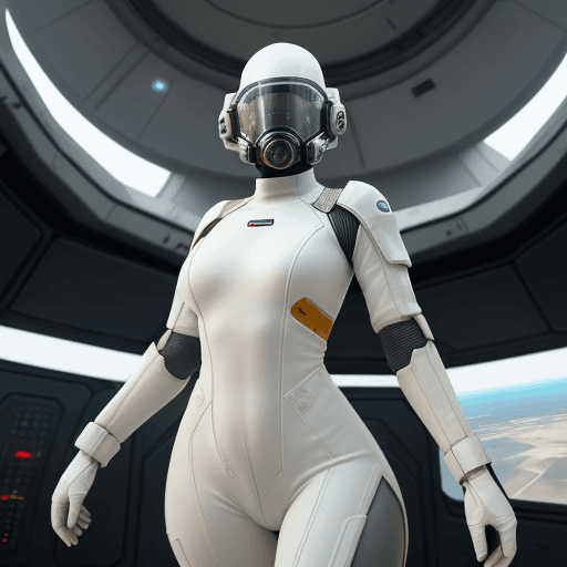 AI generated: armed female figure in a white sci-fi suit (tight jumpsuit), at the spaceport, against the backgroun...
