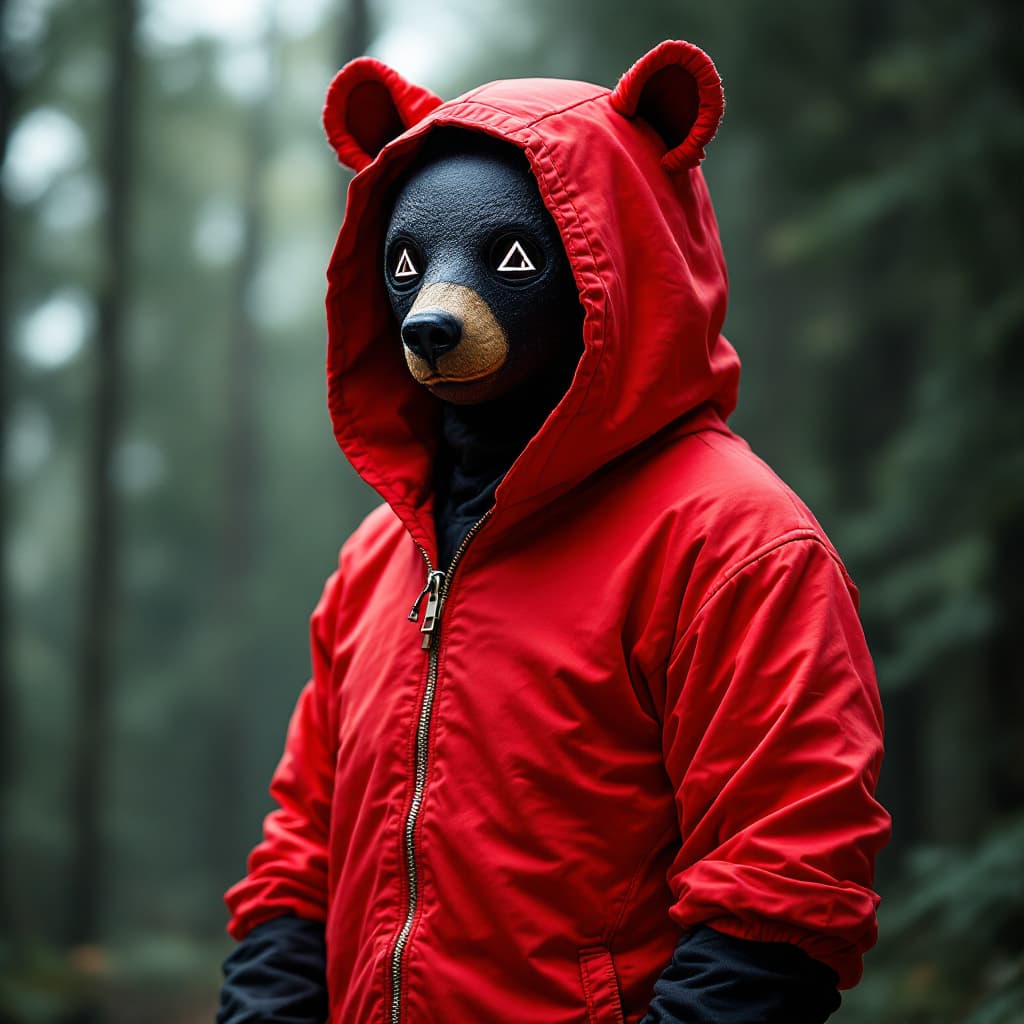 AI generated: standing bear A bright red hooded jumpsuit or suit with a zipper closure and black trim and a black ...