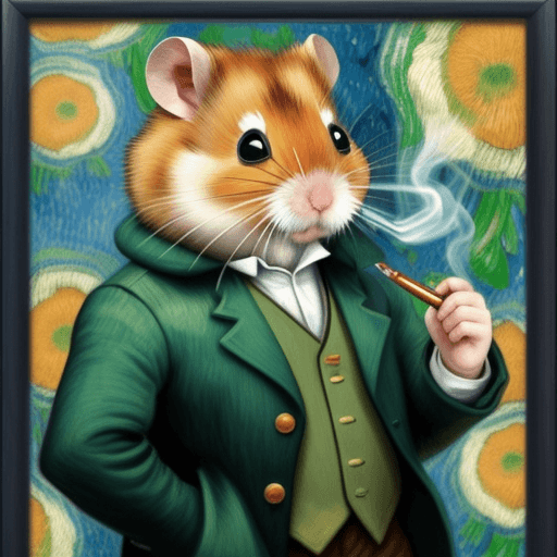AI generated: Make a hamster smoking a pipe, dressed like a human in a van gogh painting style