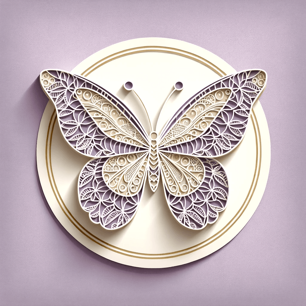 AI generated: An illustration of a kirigami butterfly pattern badge, intricately cut from a single sheet of lavend...