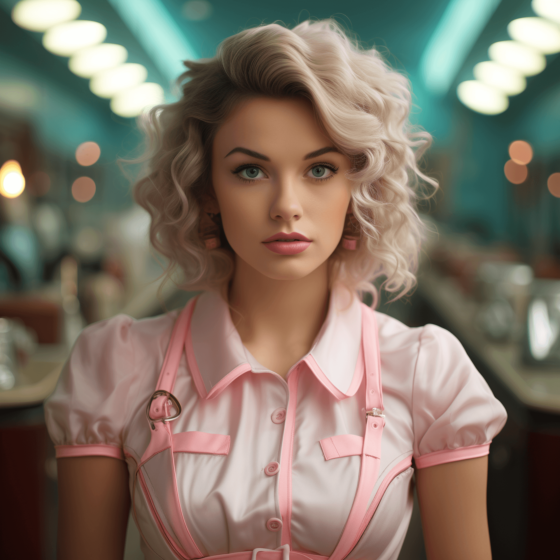 AI generated: A 1950's diner waitress mixed with alien hybrid, super cute, 1950's esthetic, alien fused with femal...