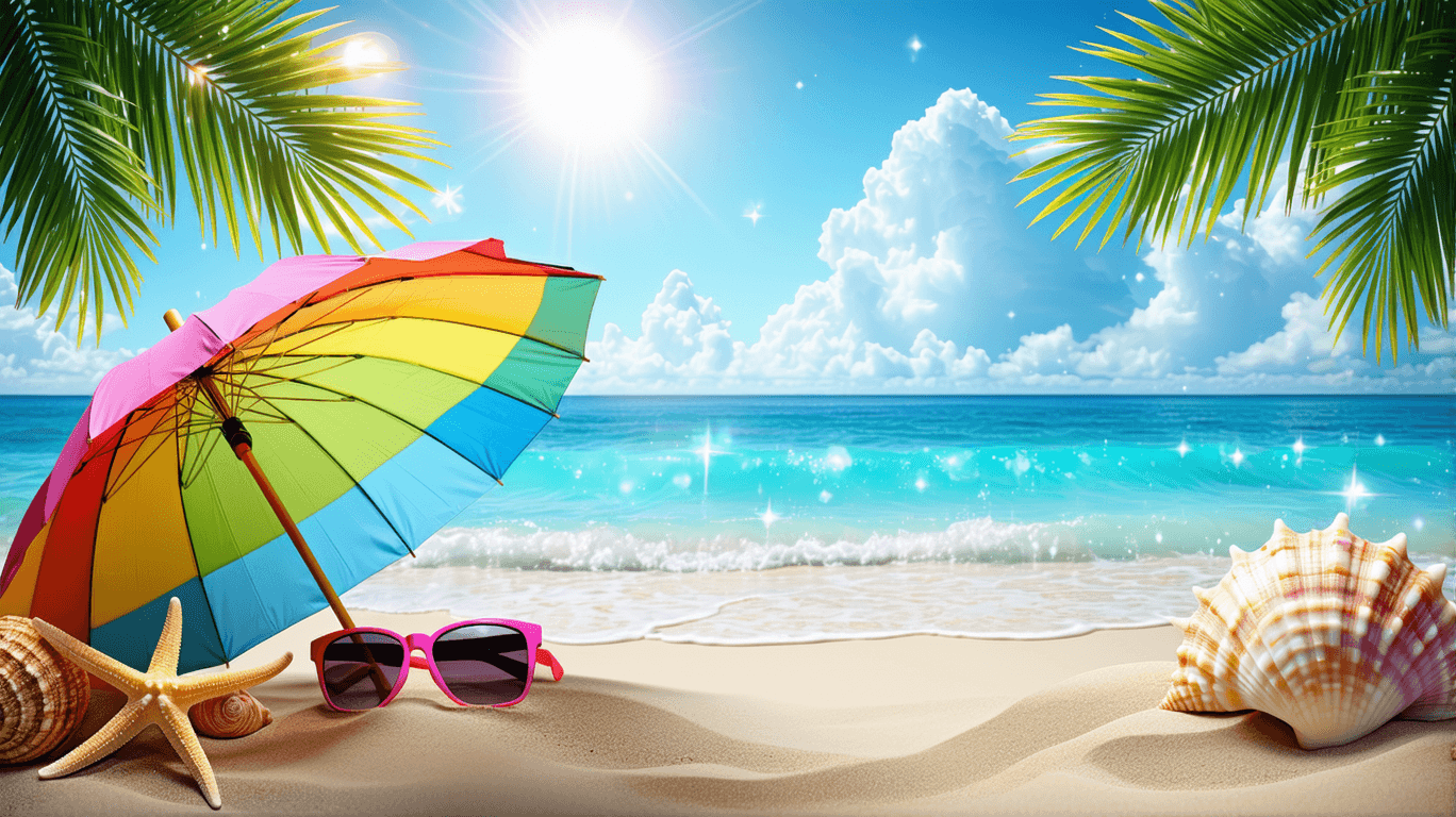 AI generated: A vibrant digital illustration of a tropical beach scene, featuring a bright blue sky with fluffy wh...
