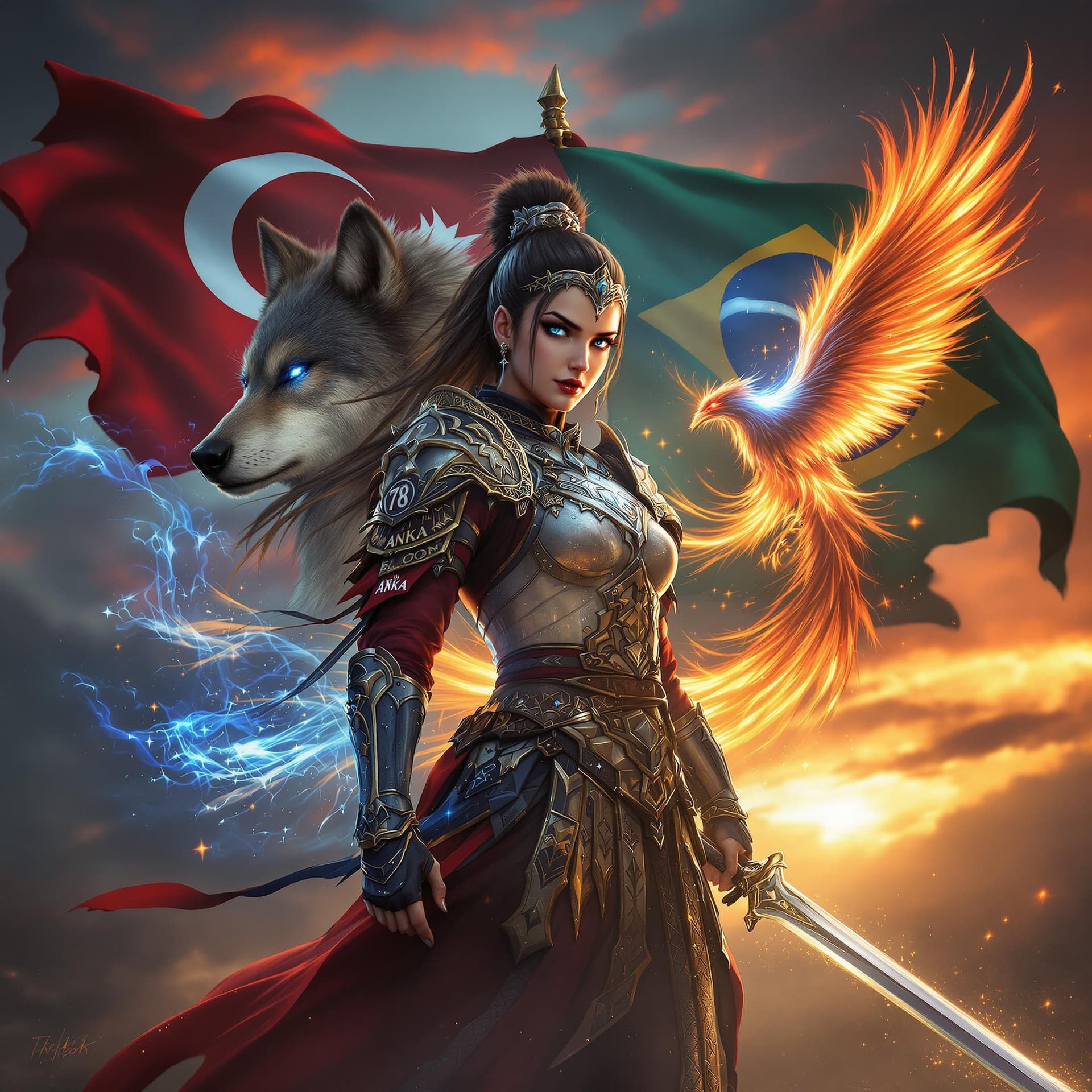 AI generated: A fierce girl warrior clad in traditional armor inspired by ancient Turkish mythology, holding a swo...