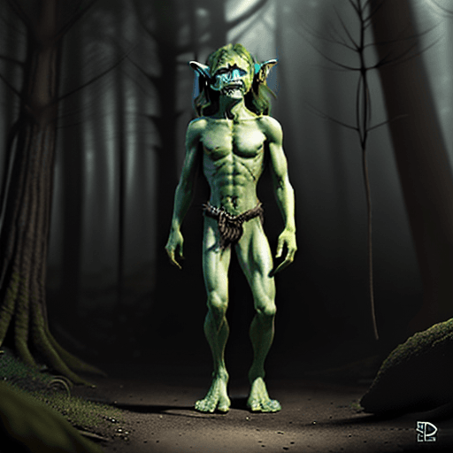 AI generated: good looking, DnD goblin with very big feet in a forest, cinematic light, photorealistic, mystical