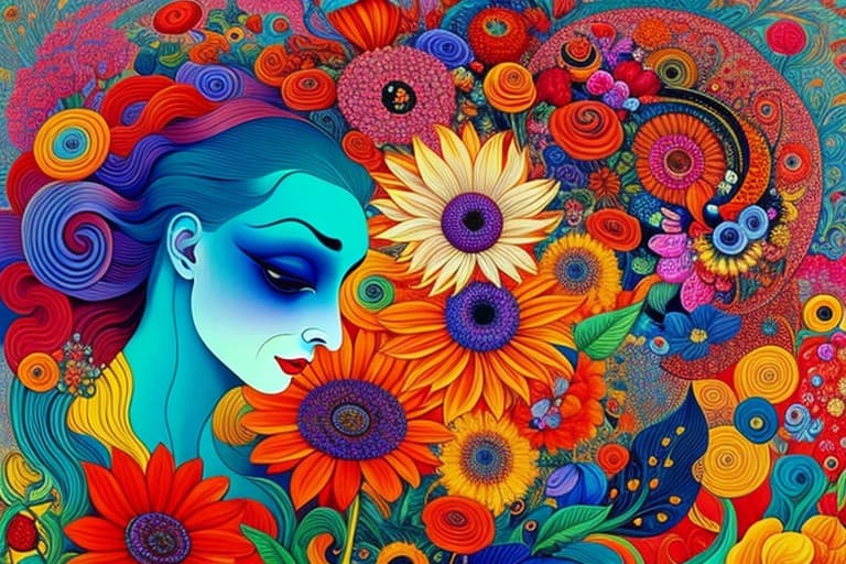 AI generated: floral creature enjoing life, style of James Jean, vibrant colours, salvador dali