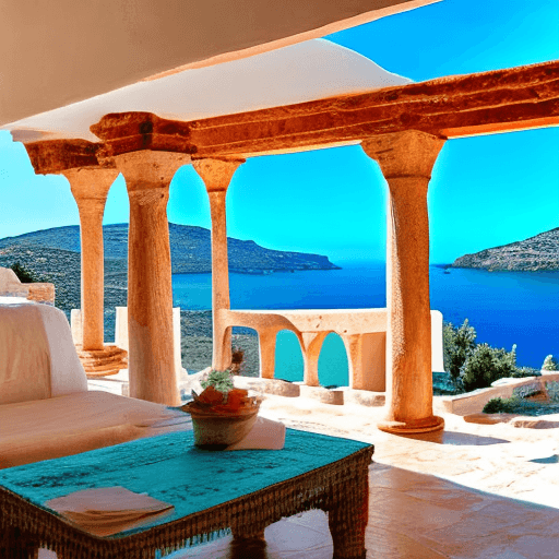 AI generated: Looking out on turquoise sea from a traditional Greek house