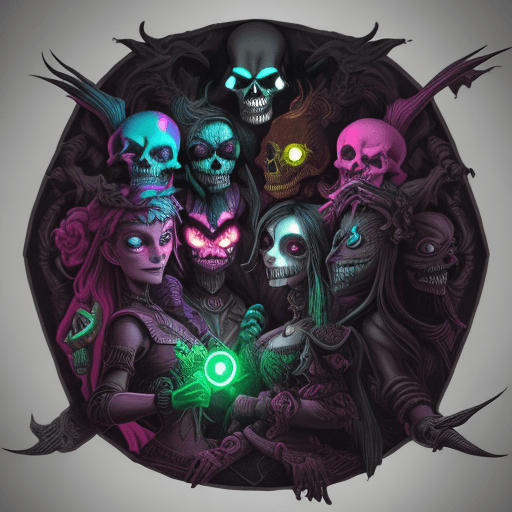 AI generated: Smiling Dark Puppet Fighting Monsters, A Dark Fantasy in Escher's Style, Skull & Bones, Neon Multico...