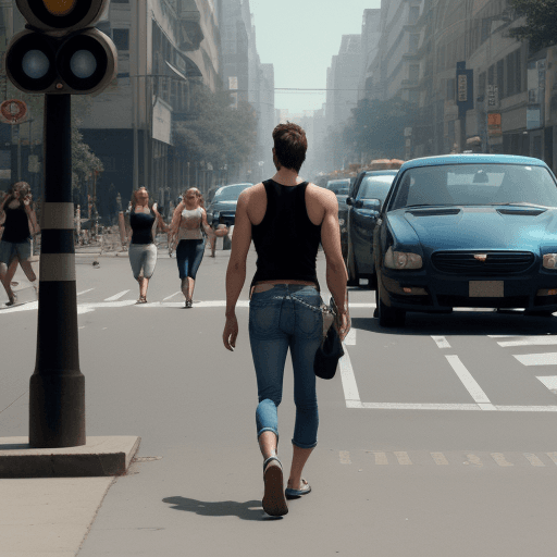 AI generated: 12K, HRD, film grain, 100 ASA, The image shows a man walking down a city street, wearing a black tan...