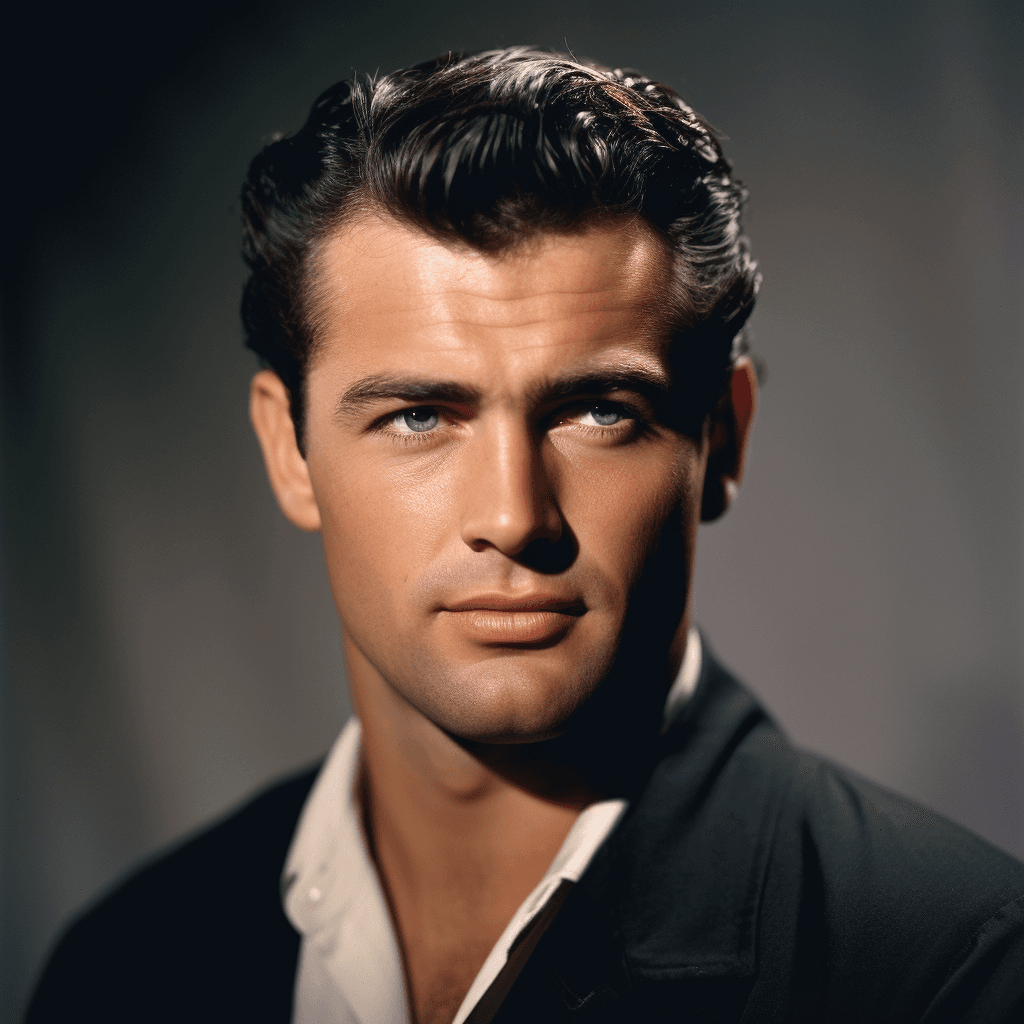 AI generated:  hollywood, black wavy hair, muscular, standing, wearing a stetson, perfect eyes, perfect face, colo...
