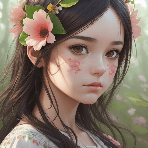 AI generated: picture of a girl dressed in flowers, in the style of artgerm, loose linework, lush and detailed, de...