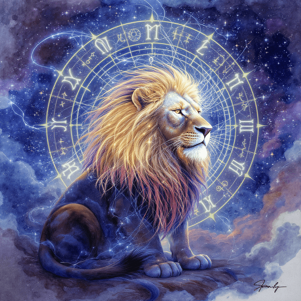 AI generated: A majestic lion sits regally at the center of the image, its mane flowing with intricate, luminous s...