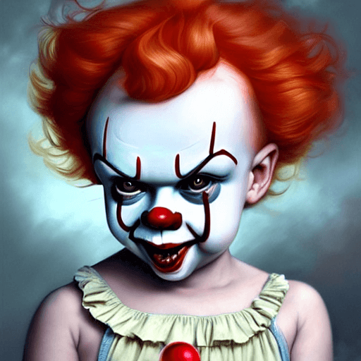 AI generated: amazing detailed cute baby pennywise, bright red curls, red nose, realistic big eyes, headshot portr...