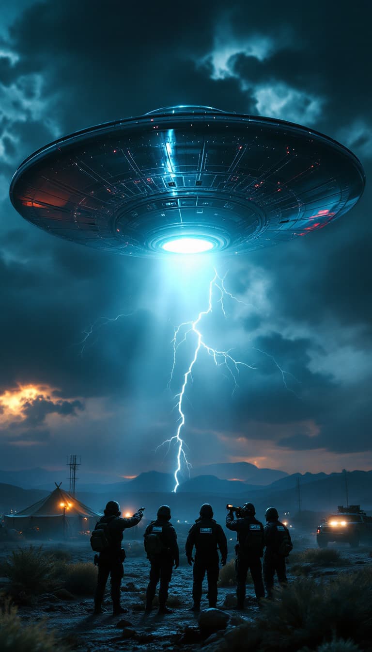 AI generated: A stormy night sky over the Nevada desert, illuminated by an intense, surreal light emanating from a...