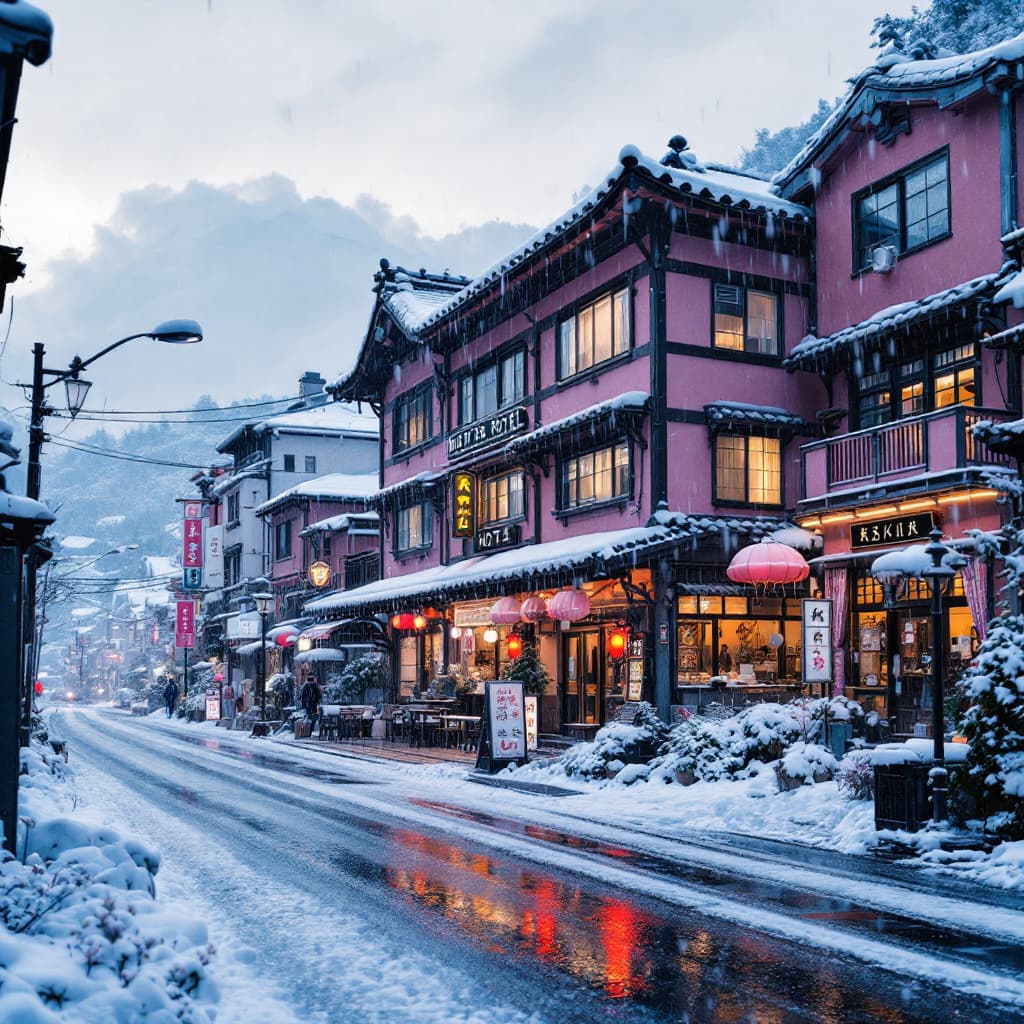 AI generated: Hot spring hotel in the middle of a busy Japanese street in the many snow.  The background is a pink...