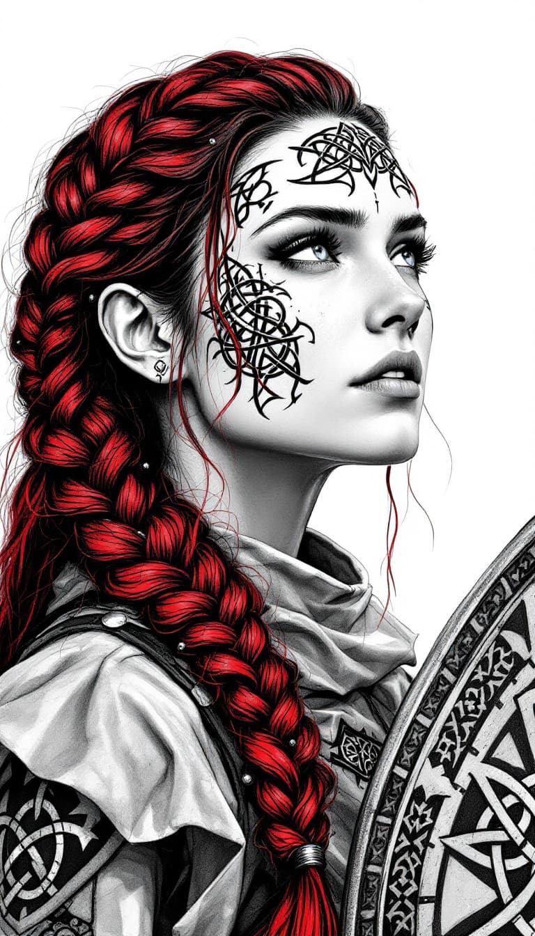 AI generated: A meticulously detailed drawing of a Celtic shieldmaiden warrior woman with a thick, spiraled braid,...