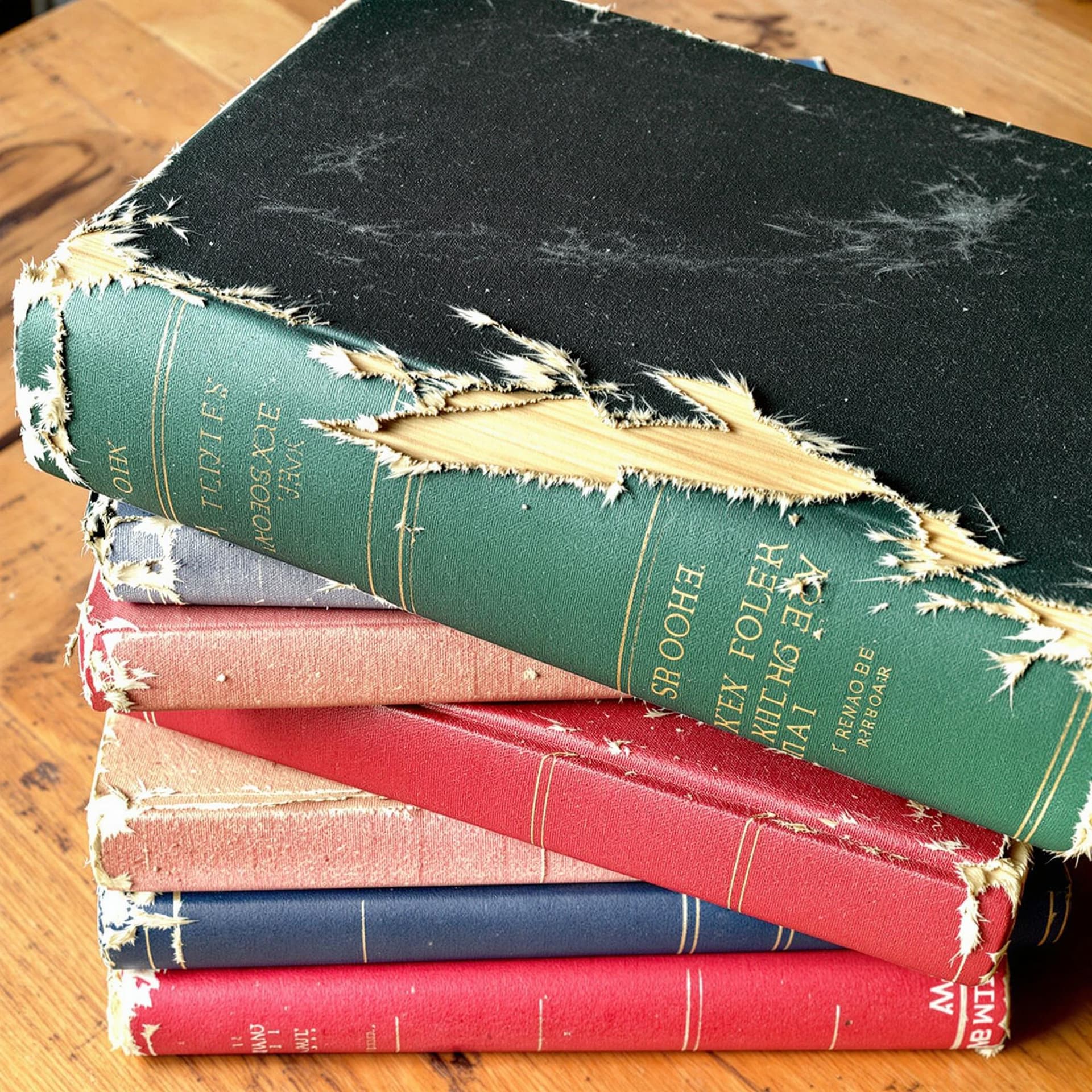 AI generated: The image presents a stack of aged, worn books on a wooden surface. The books show signs of consider...