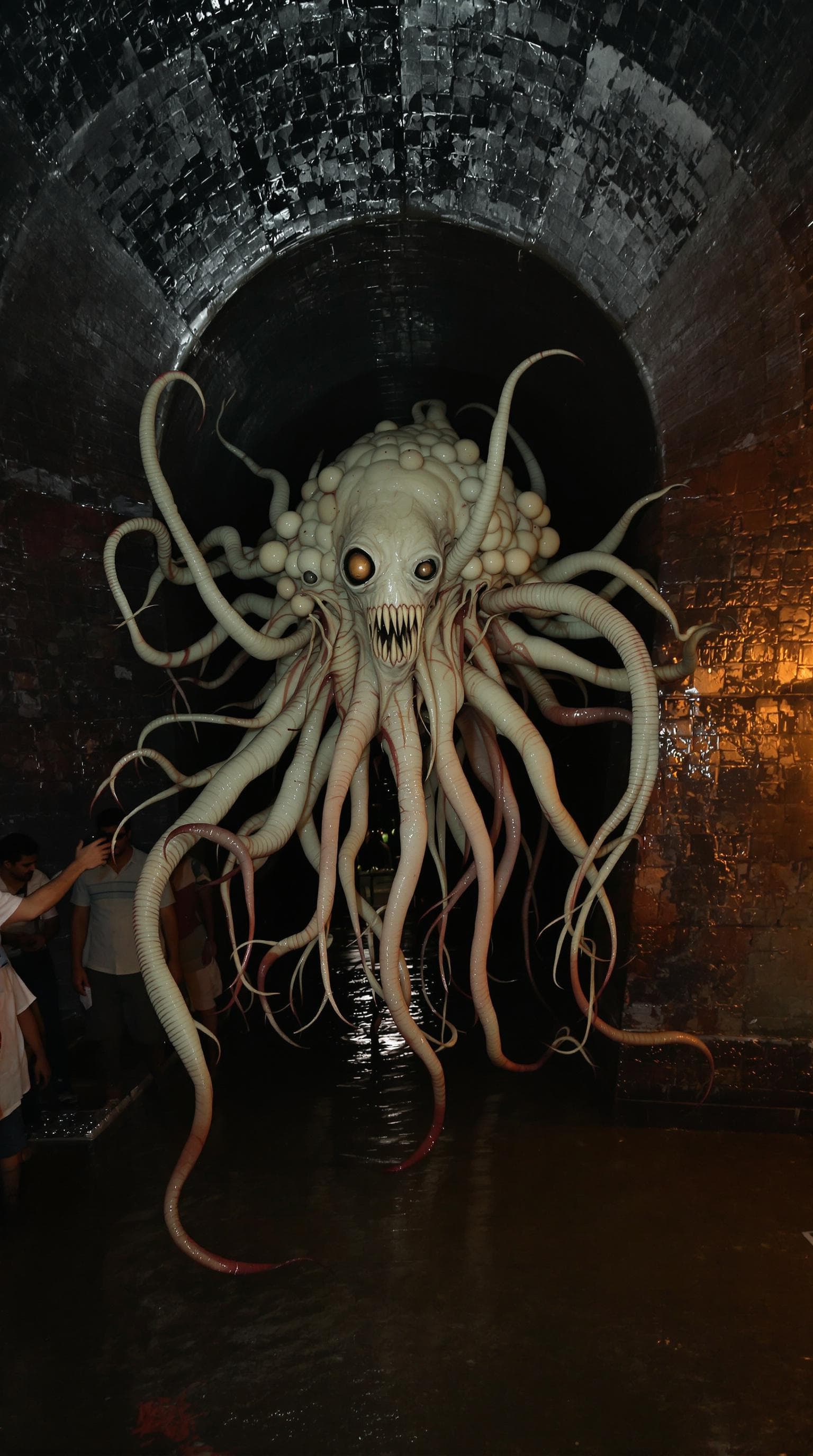 AI generated: surrounded by people in front of gateway of India a grotesque  combining human and monstrous feature...
