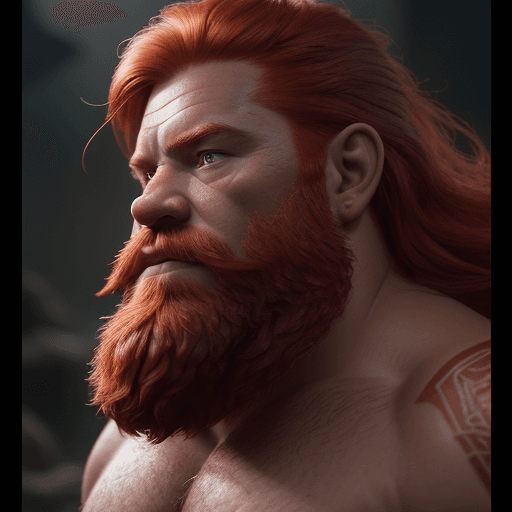 AI generated: dramatic portrait of a dwarf barbarian, a barbarian, red hair, red beard, shirtless, finely detailed...