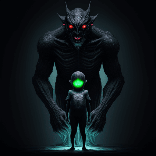 AI generated: A creature standing over a child as he sleeps , glowing eyes and dark colors , hyper surrealism, 