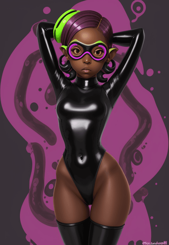 AI generated: octoling, Splatoon, hypnotize, dark skin, leotard, female, goggles, latex