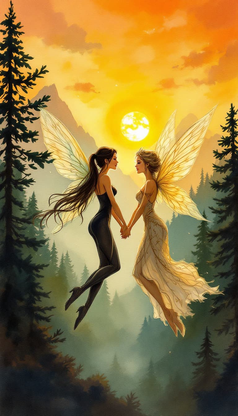 AI generated: Image is a hand painted wet-on-wet watercolor sketch depicting a fantastical scene at sunset. Two be...