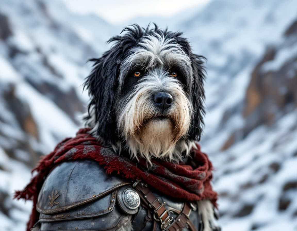 AI generated: black face havanese dog with white streaks, 
dressed in armor for war, photo-realistic, surrounded b...