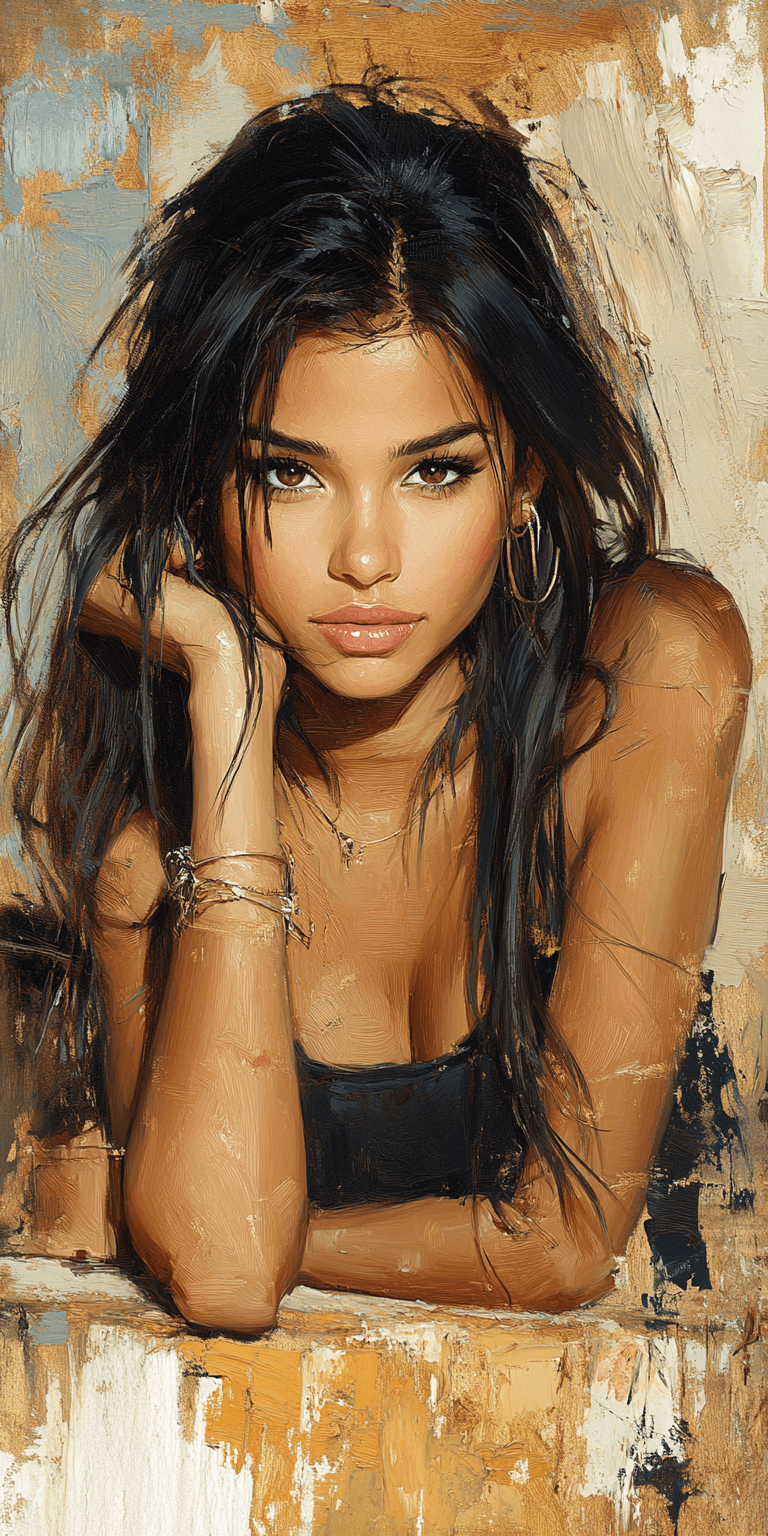AI generated: a woman with long black hair in a gold painting, in the style of charlie bowater, dark blue and dark...