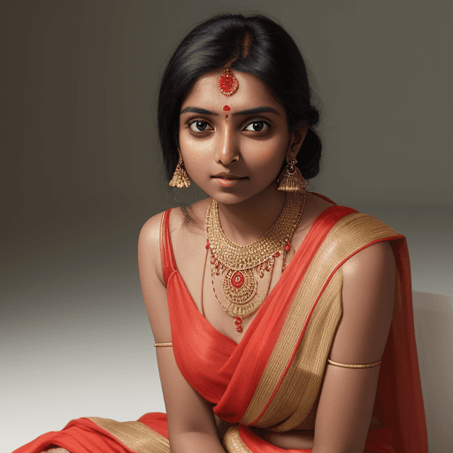 AI generated: Create image of indian girl in sari wearing earings necklace sitting on side pose and watching towar...