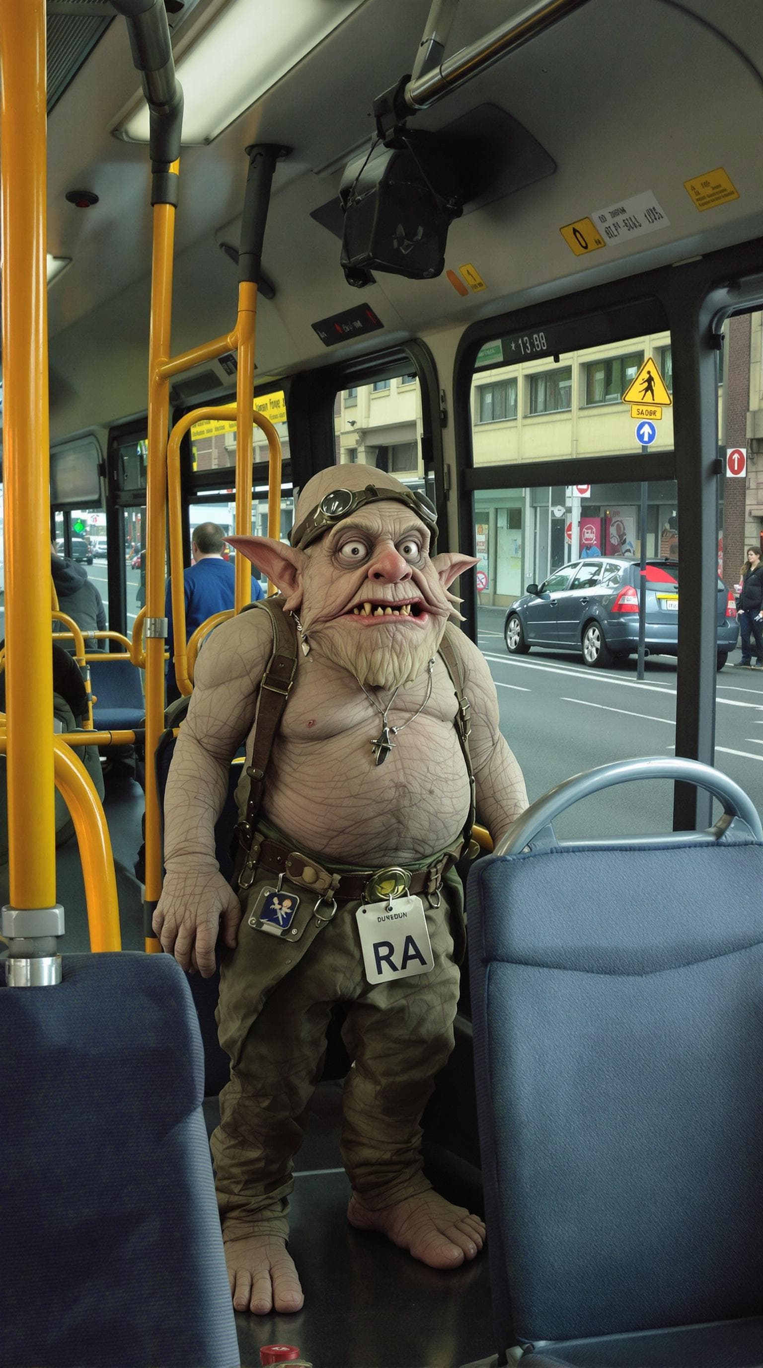 AI generated: A  dwarf grotesque standing in a bus