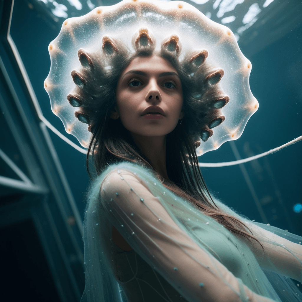 AI generated: metalic , by Ernesto Neto closeup fashion photography, a girl sci-fi nostalgic fashion jellyfish