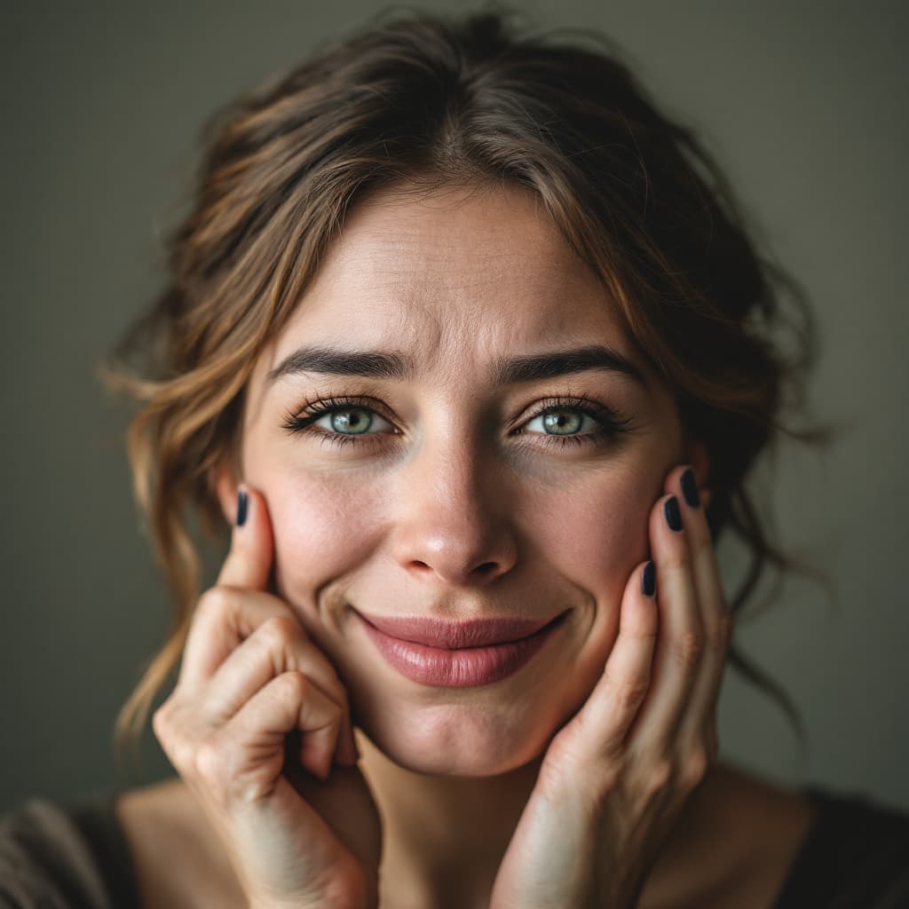 AI generated: A woman with sad face, and this women hold a mask before her face, on this mask is her smiling own f...