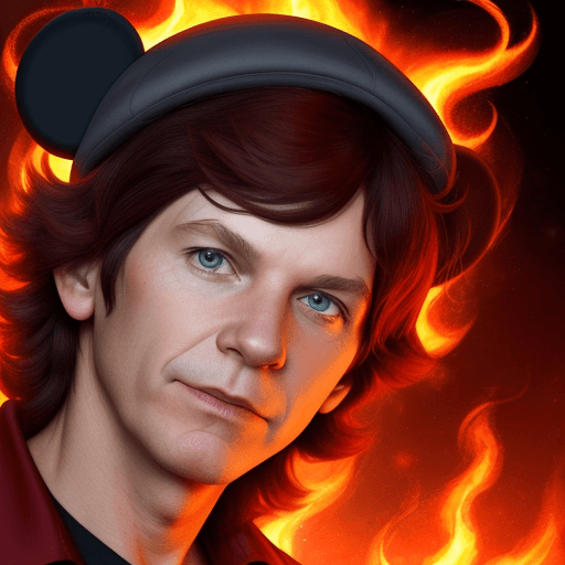 AI generated: Javier Milei 55 years old, 
with a mickey mouse hat in his head, in a background with red flames, in...