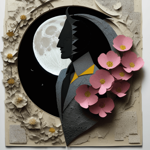 AI generated: Mixed media collage, paper art, Moon crescent with flowers, collage New Yorker style, Dave McKean co...