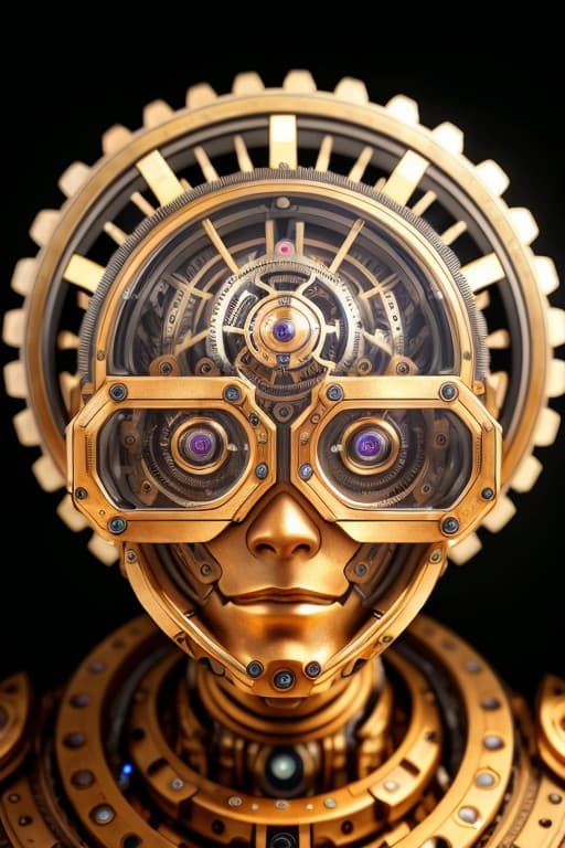 AI generated: raw photo humanoid robot consisting of clockworks, gear wheels which collude, cogs, plasma, Photorea...