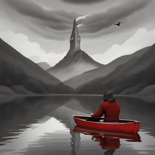 AI generated: 1 person in red is sitting in a boat on the river, the river is beside a mountain, there is a tower ...