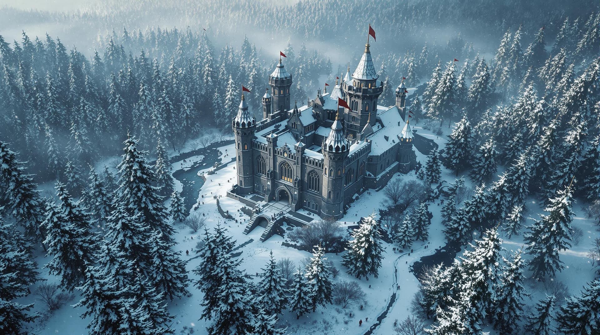 AI generated: "A realistic and cinematic aerial view of a medieval Norse forest, captured from above as if in a dr...