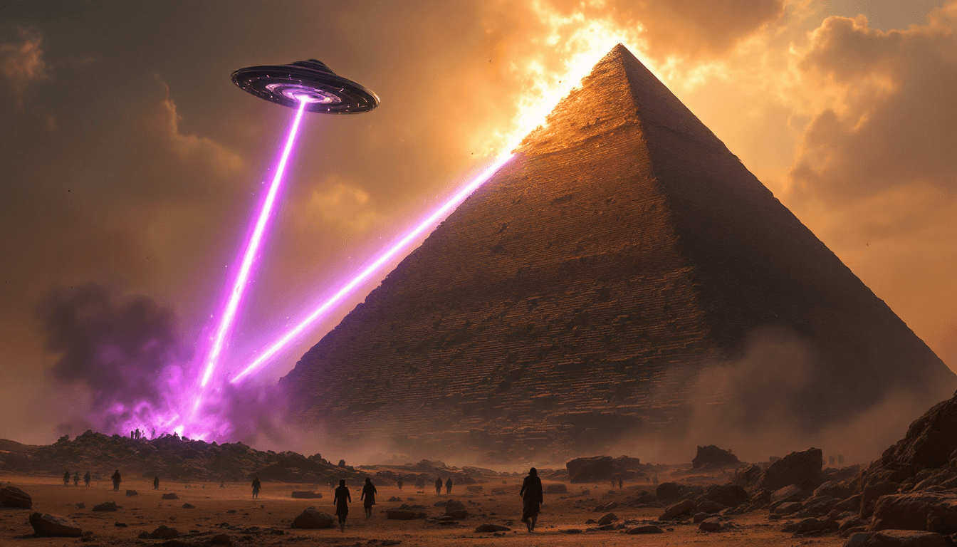 AI generated: An (8K) (photorealistic) (masterpiece) image of a thin, triangle, black UFO shooting purple lasers a...