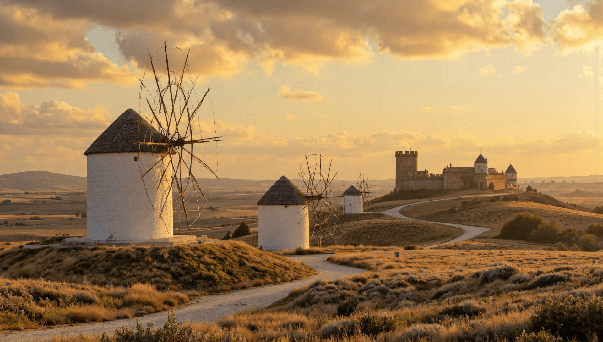 AI generated: The image depicts a picturesque landscape of Windmills, La Mancha, Spain featuring several tradition...
