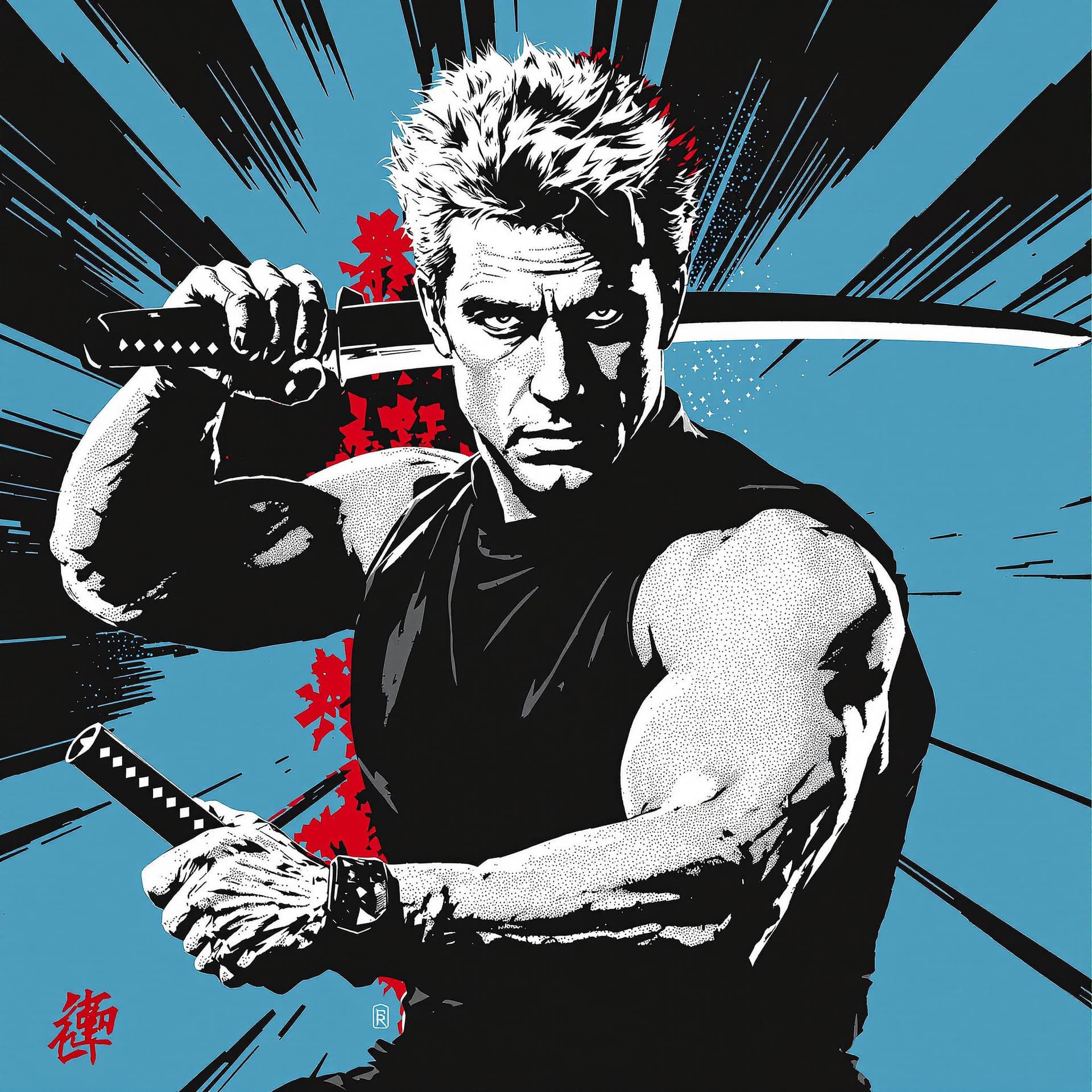 AI generated: Create a stylized, iconic portrait of Michael Dudikoff from American Ninja. The artwork should be in...