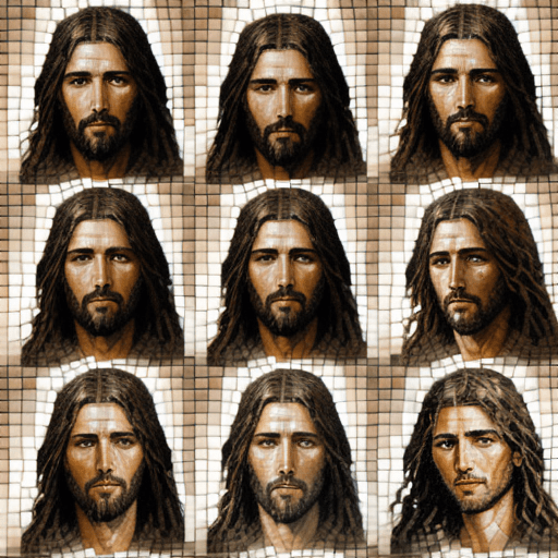 AI generated: a collage of jesus of nazareth faces in mosaic, in the style of andrew atroshenko, peter gric --ar 7...