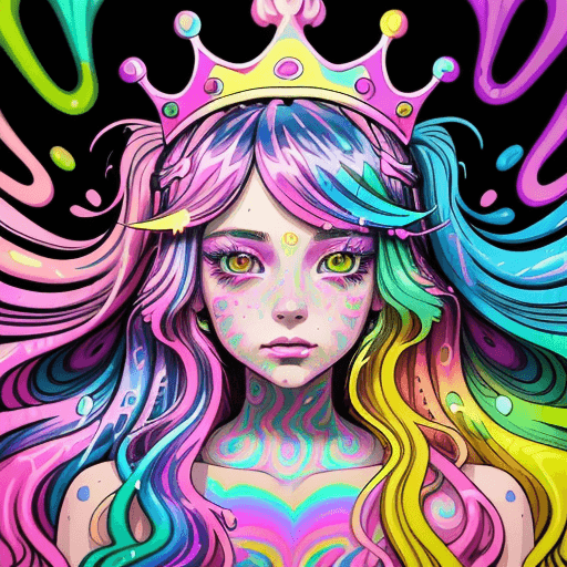 AI generated: a drawing of a girl with long hair and a crown on her head, dripping in neon paint, psychedelic aest...