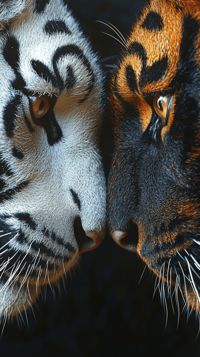 AI generated: Art illustration, sports minimalism style, fuzzy form, black tiger and white tiger, solid color back...