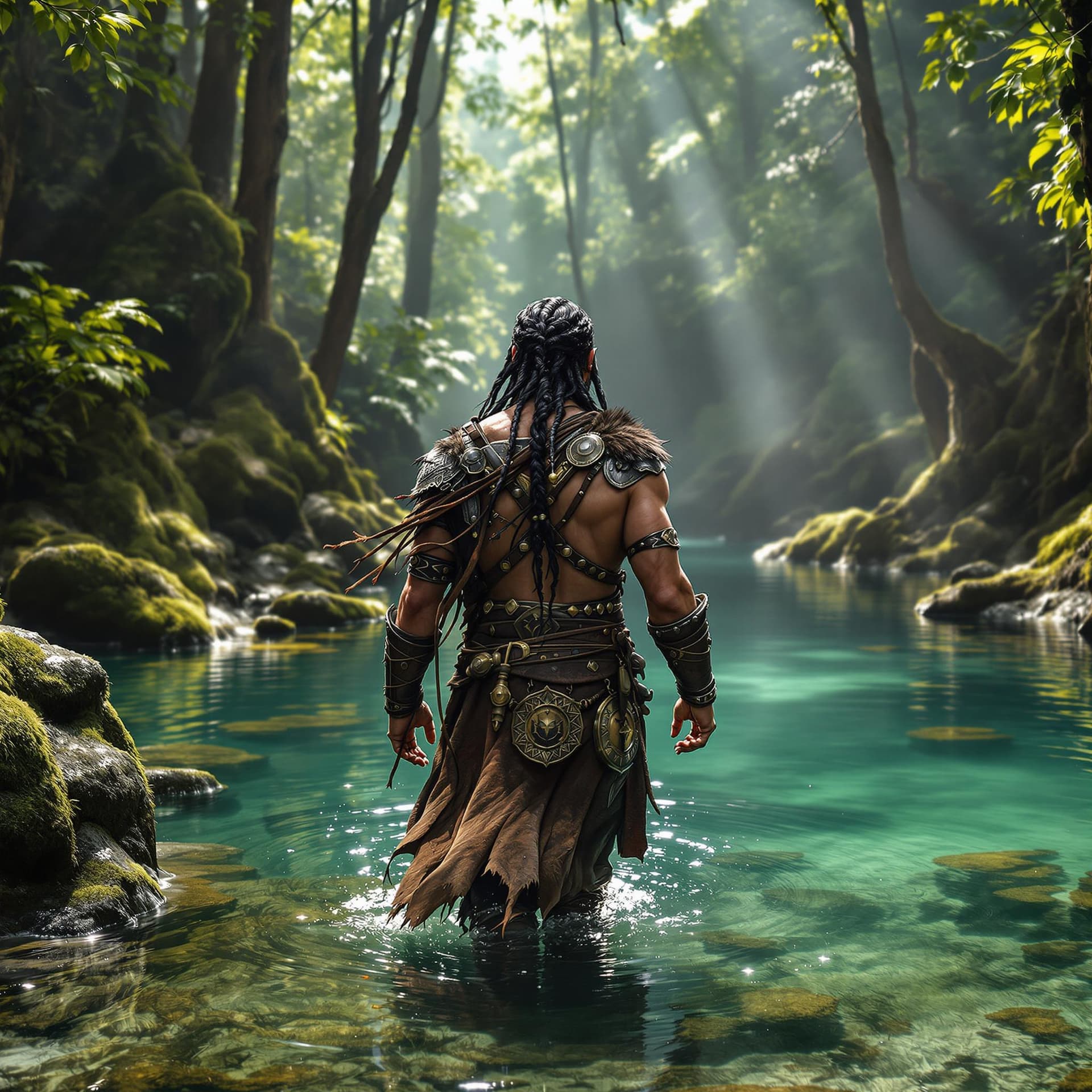 AI generated: Viking man walking in a secluded lagoon in a forest, black hair braided with warrior beads, wearing ...