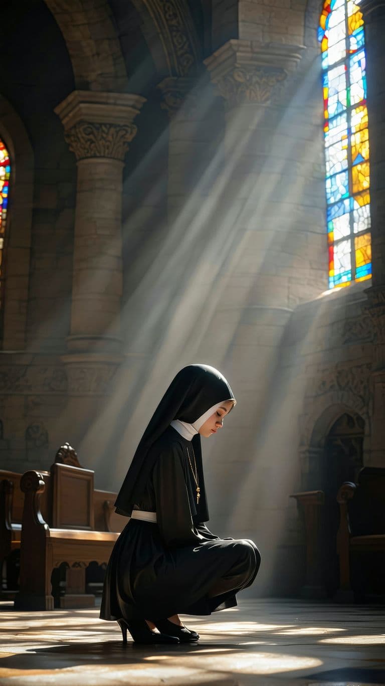 AI generated: Hyper realistic full body view of beautiful 14yo nun, indigen Face, long legs, Long Black Hair, very...