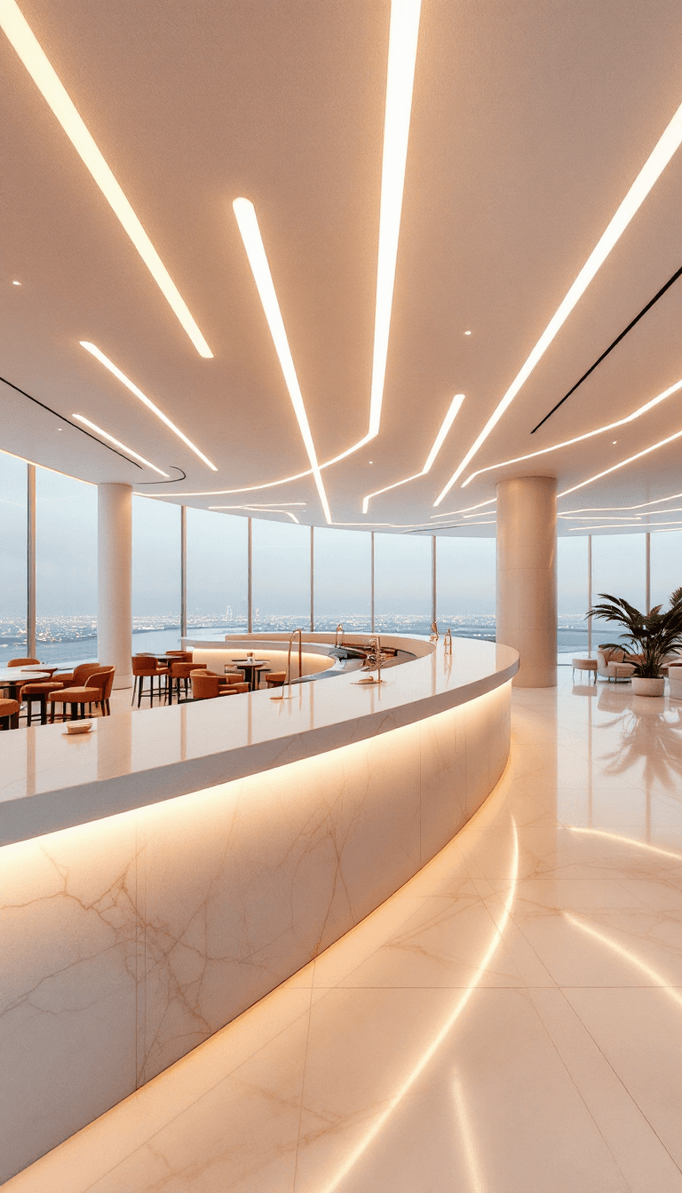 AI generated: a bar in an airport that is lit up with white lights, in the style of precisionist lines and shapes,...