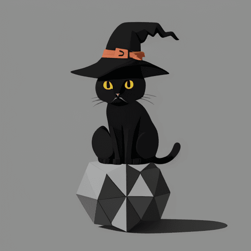 AI generated: A flat illustration of a cat wearing a witch's hat and sitting on the skull, minimalist, warm, utili...