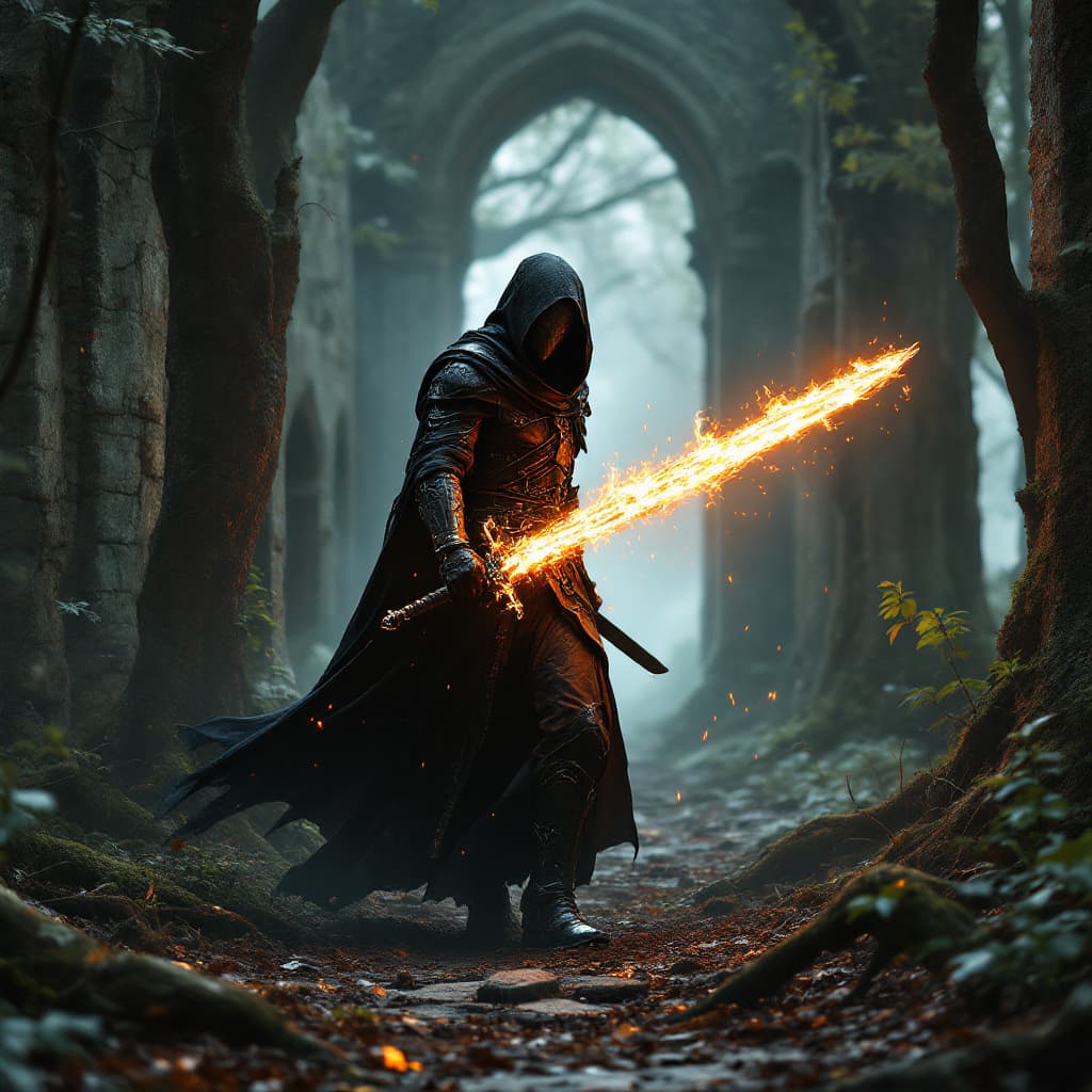 AI generated: medieval black wooded rebel knight cybernetic mage with cool robes and glowing flaming sword full sh...