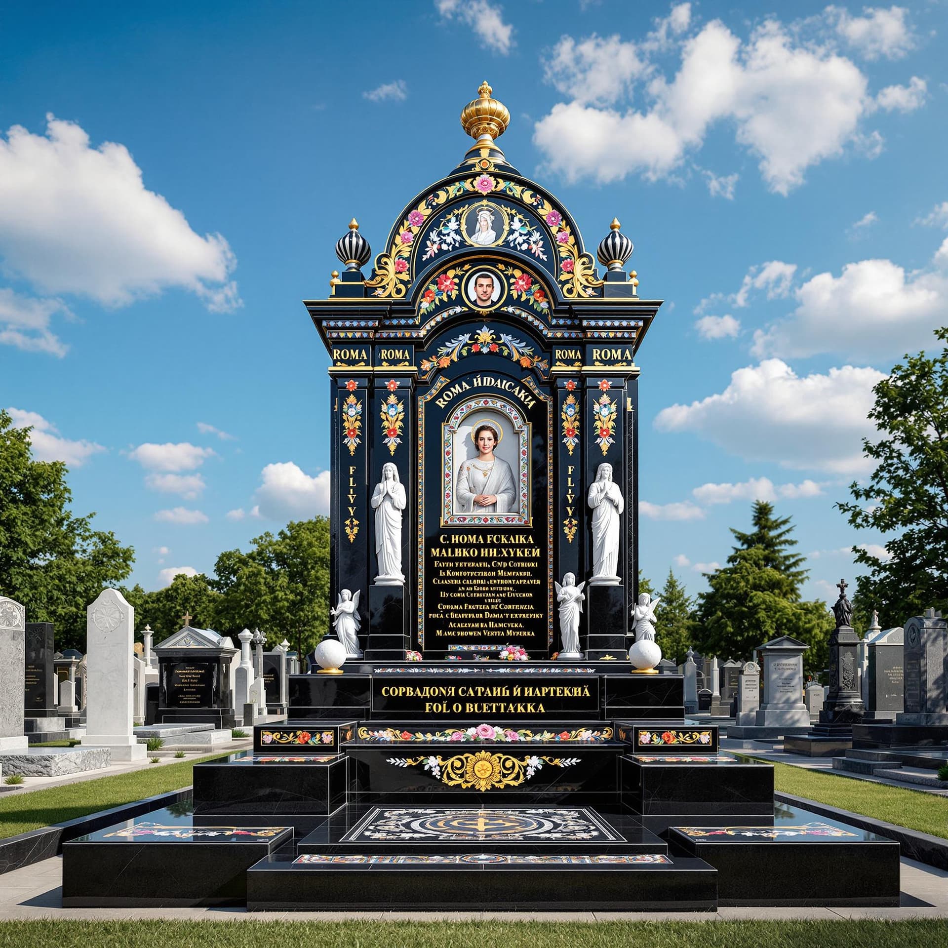 AI generated: A richly detailed Roma-style black granite grave monument in a cemetery, showing the full burial sit...